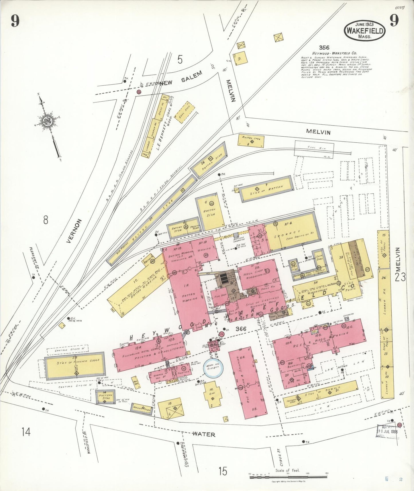 Sanborn Fire Insurance Map from Wakefield, Middlesex County, Massachusetts (1923), Sheet #0009 - Historic Sanborn Fire Insurance Map Print, vintage old map wall art, antique decor, genealogy gift, Massachusetts Massachusetts map