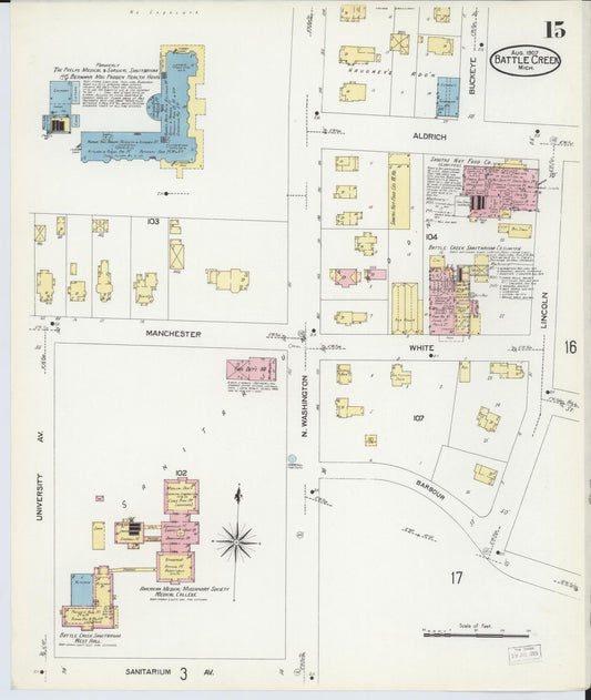 Sanborn Fire Insurance Map from Battle Creek, Calhoun County, Michigan (1907), Sheet #0015 - Historic Sanborn Fire Insurance Map Print, vintage old map wall art, antique decor, genealogy gift, Michigan Michigan map