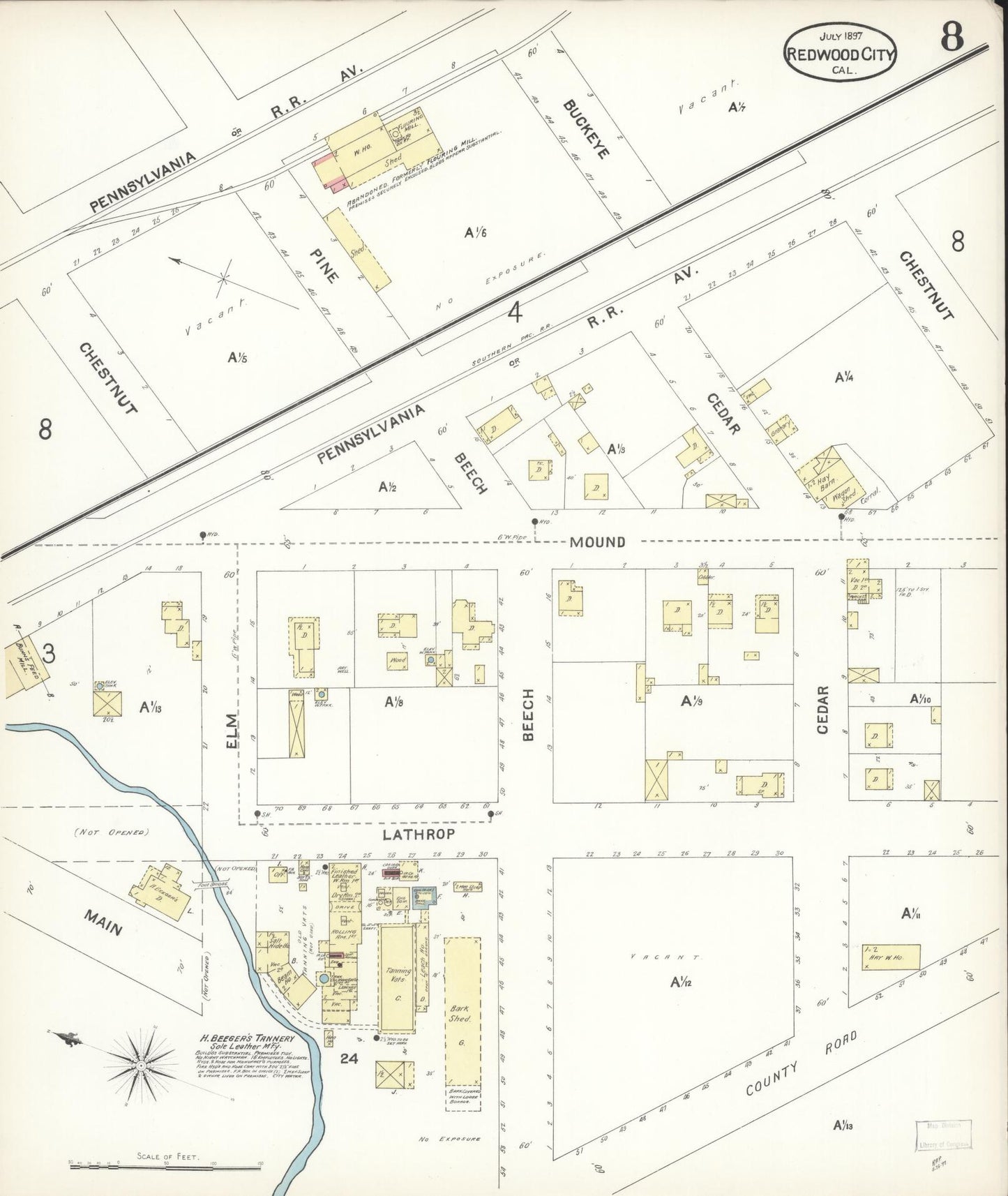 Sanborn Fire Insurance Map from Redwood City, San Mateo County, California (1897), Sheet #0008 - Complete Map Set gallery image, historic Sanborn map, vintage wall art, California California