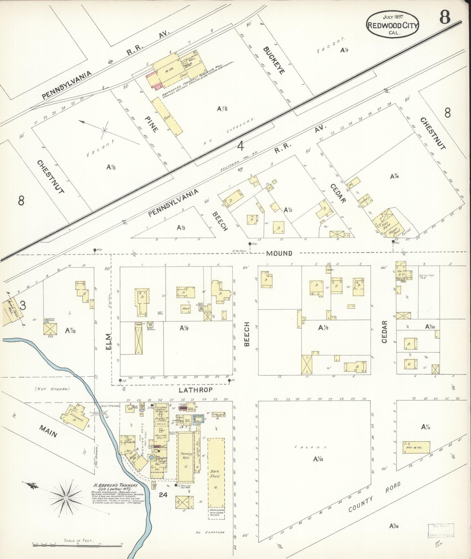 Sanborn Fire Insurance Map from Redwood City, San Mateo County, California (1897), Sheet #0008 - Complete Map Set gallery image, historic Sanborn map, vintage wall art, California California