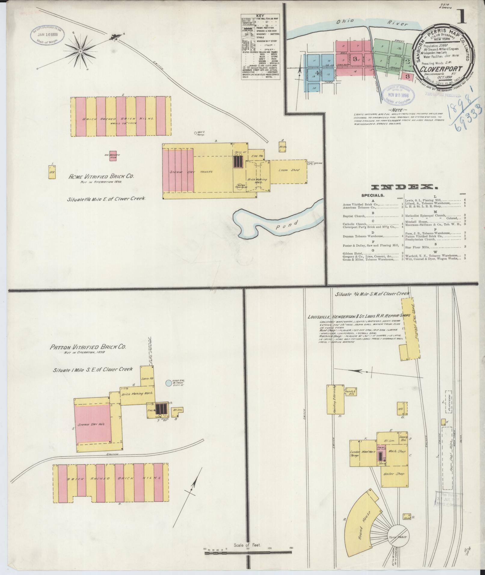 Sanborn Fire Insurance Map from Cloverport, Breckinridge County, Kentucky (1898), Sheet #0001 - Historic Sanborn Fire Insurance Map Print, vintage old map wall art, antique decor, genealogy gift, Kentucky Kentucky map