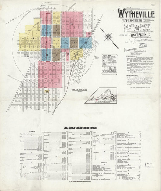 Sanborn Fire Insurance Map from Wytheville, Wythe County, Virginia (1926), Sheet #0001 - Historic Sanborn Fire Insurance Map Print, vintage old map wall art, antique decor, genealogy gift, Virginia Virginia map