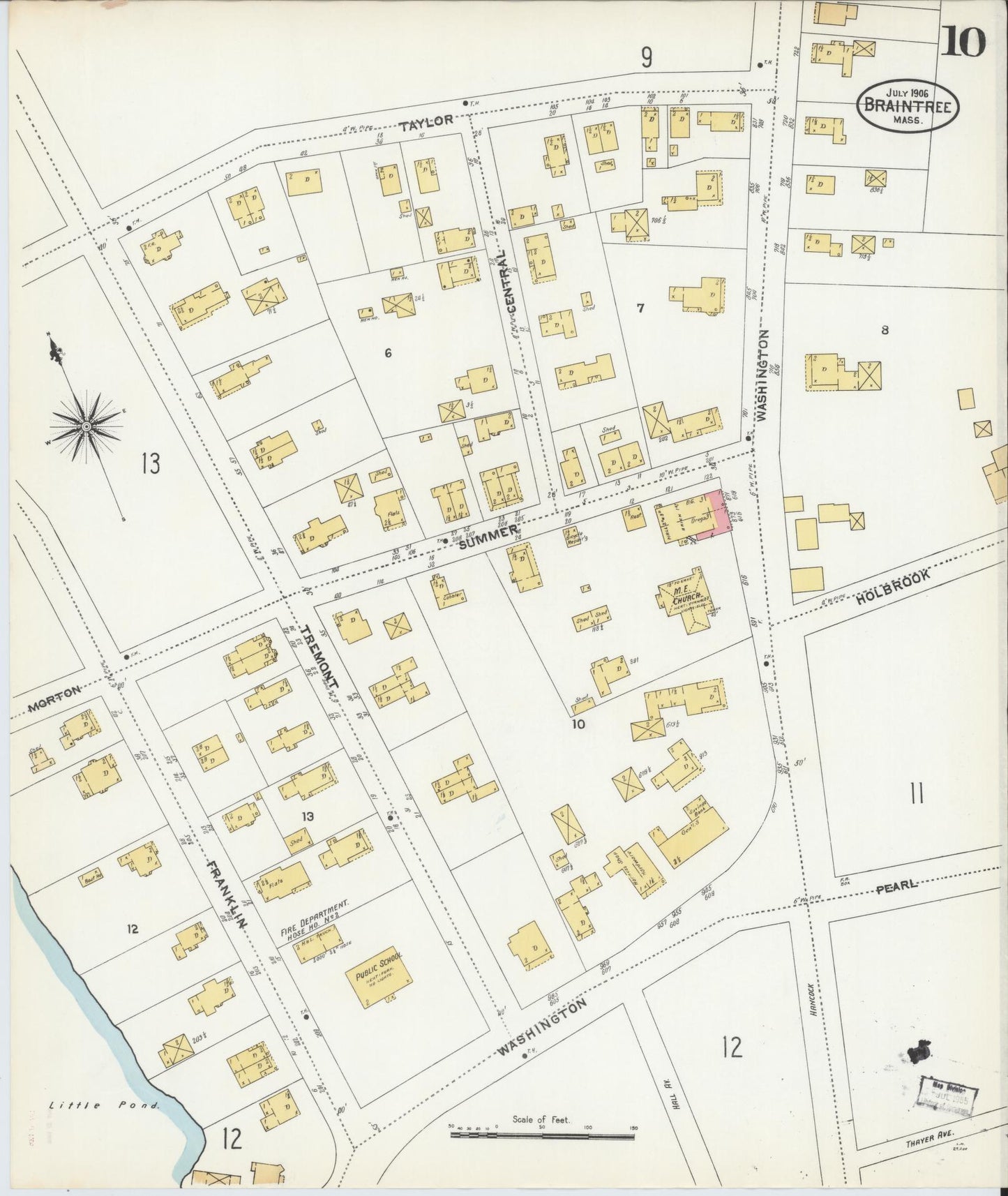 Sanborn Fire Insurance Map from Braintree, Norfolk County, Massachusetts (1906), Sheet #0010 - Historic Sanborn Fire Insurance Map Print, vintage old map wall art, antique decor, genealogy gift, Massachusetts Massachusetts map