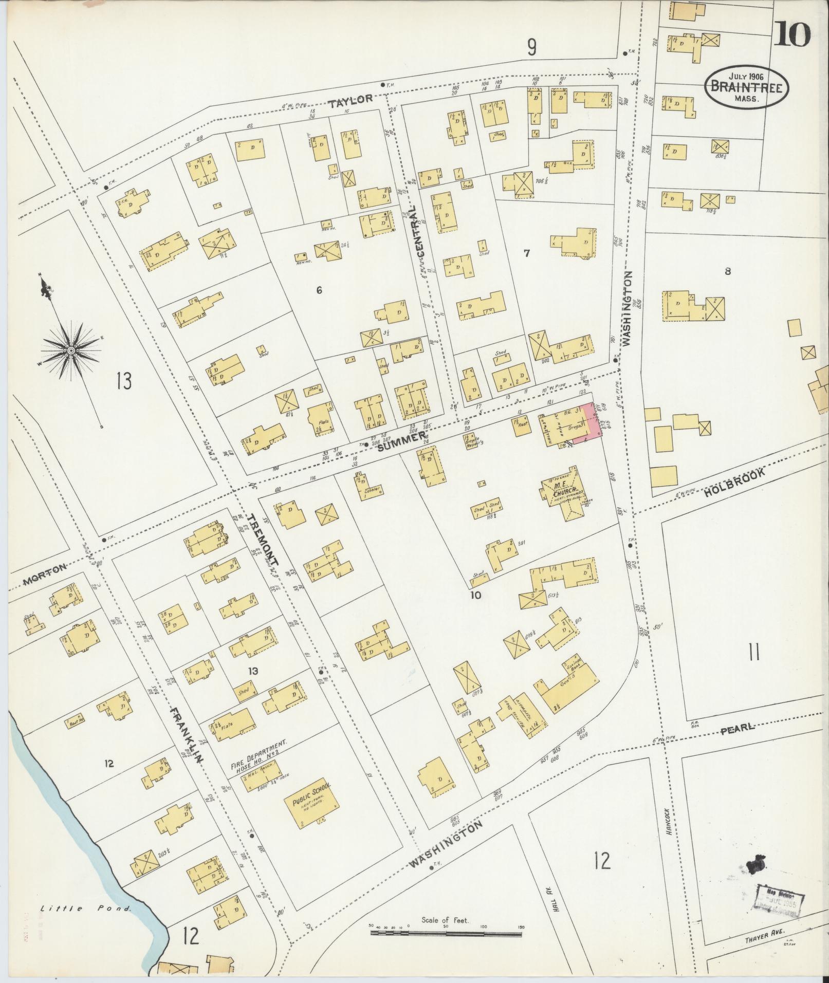 Sanborn Fire Insurance Map from Braintree, Norfolk County, Massachusetts (1906), Sheet #0010 - Historic Sanborn Fire Insurance Map Print, vintage old map wall art, antique decor, genealogy gift, Massachusetts Massachusetts map