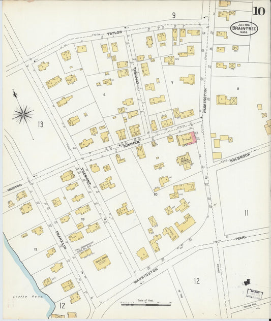 Sanborn Fire Insurance Map from Braintree, Norfolk County, Massachusetts (1906), Sheet #0010 - Historic Sanborn Fire Insurance Map Print, vintage old map wall art, antique decor, genealogy gift, Massachusetts Massachusetts map