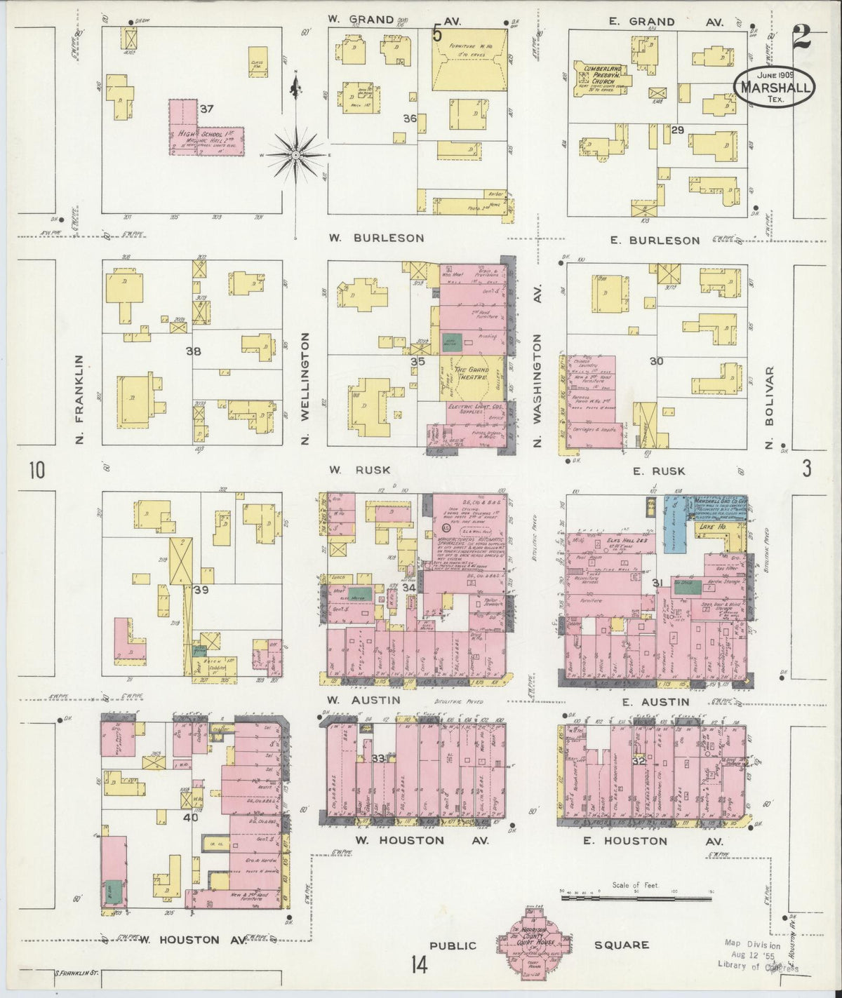 Sanborn Fire Insurance Map from Marshall, Harrison County, Texas (1909), Sheet #0002 - Complete Map Set gallery image, historic Sanborn map, vintage wall art, Texas Texas