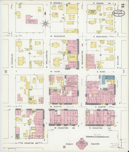 Sanborn Fire Insurance Map from Marshall, Harrison County, Texas (1909), Sheet #0002 - Complete Map Set gallery image, historic Sanborn map, vintage wall art, Texas Texas