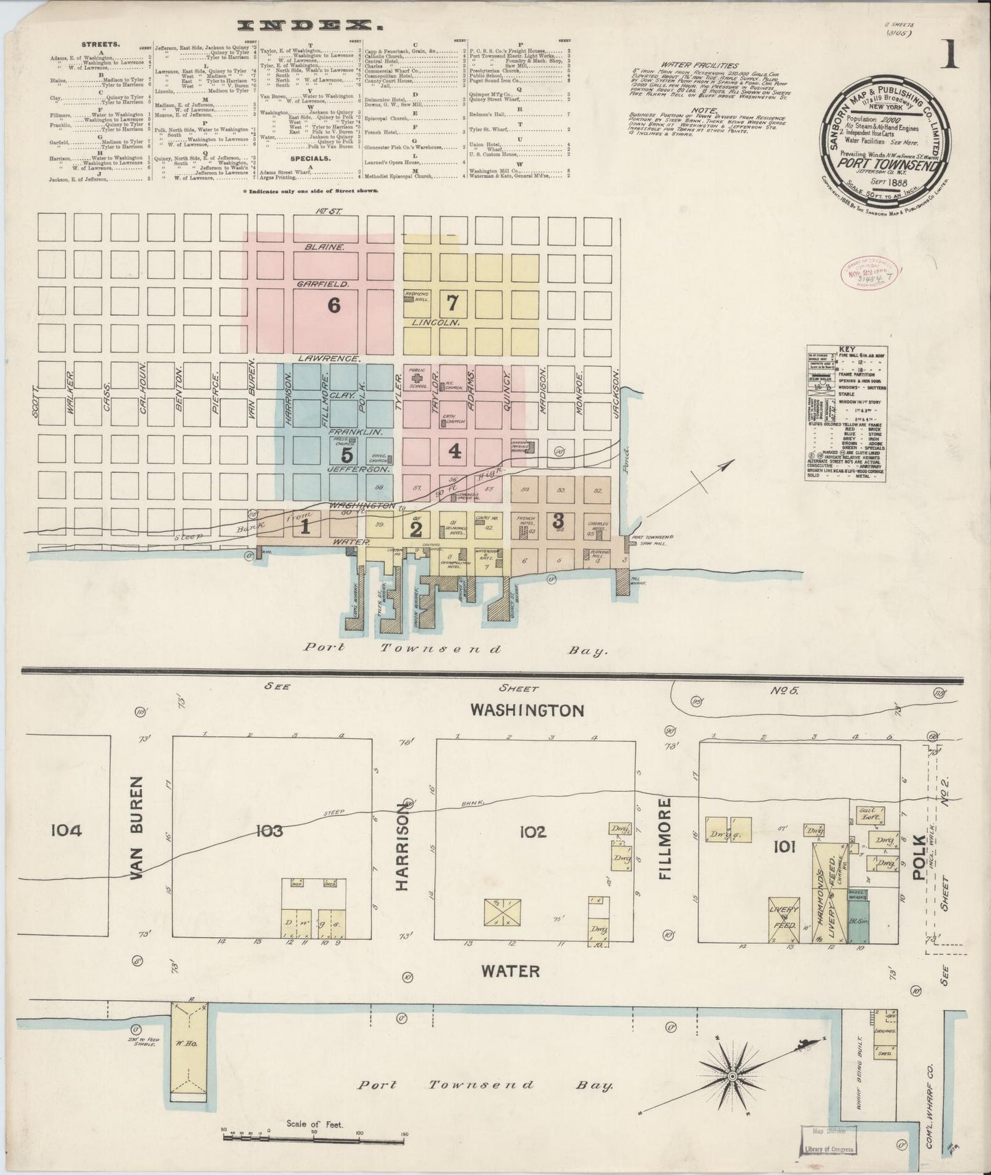 Sanborn Fire Insurance Map from Port Townsend, Jefferson County, Washington (1888), Sheet #0001 - Historic Sanborn Fire Insurance Map Print, vintage old map wall art, antique decor, genealogy gift, Washington Washington map