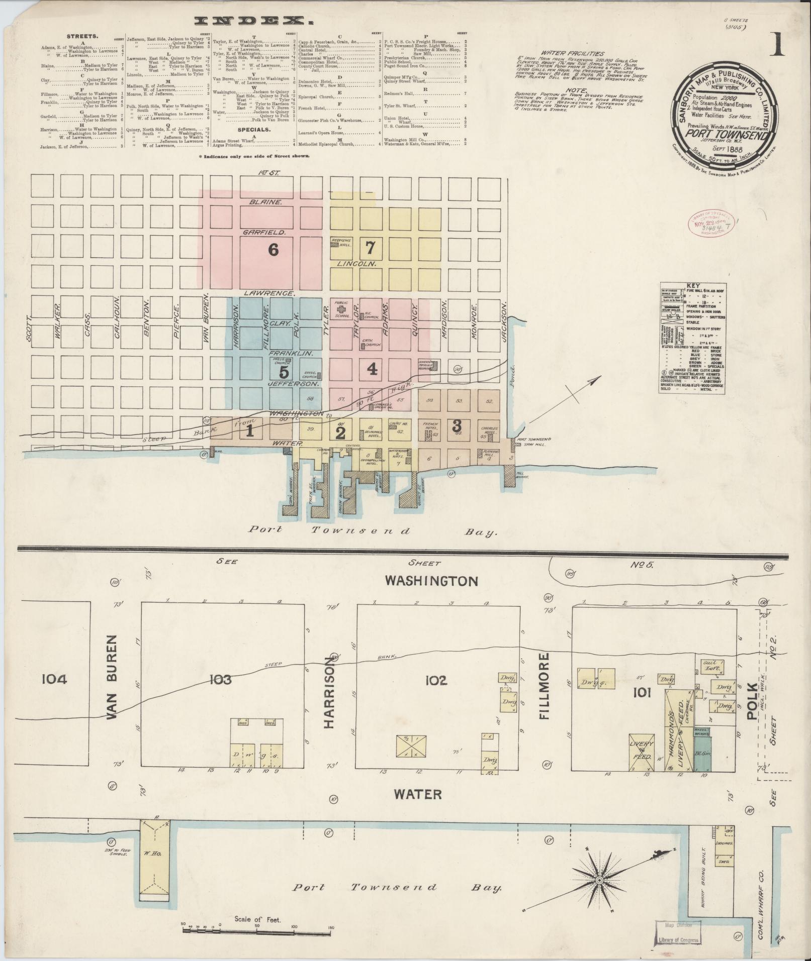 Sanborn Fire Insurance Map from Port Townsend, Jefferson County, Washington (1888), Sheet #0001 - Historic Sanborn Fire Insurance Map Print, vintage old map wall art, antique decor, genealogy gift, Washington Washington map