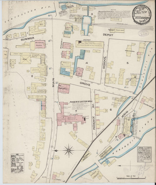 Sanborn Fire Insurance Map from Peterborough, Hillsborough County, New Hampshire (1884), Sheet #0001 - Historic Sanborn Fire Insurance Map Print, vintage old map wall art, antique decor, genealogy gift, New Hampshire New Hampshire map