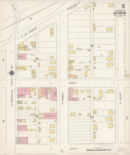 Sanborn Fire Insurance Map from Inglewood, Los Angeles County, California (1912), Sheet #0005 - Historic Sanborn Fire Insurance Map Print, vintage old map wall art, antique decor, genealogy gift, California California map