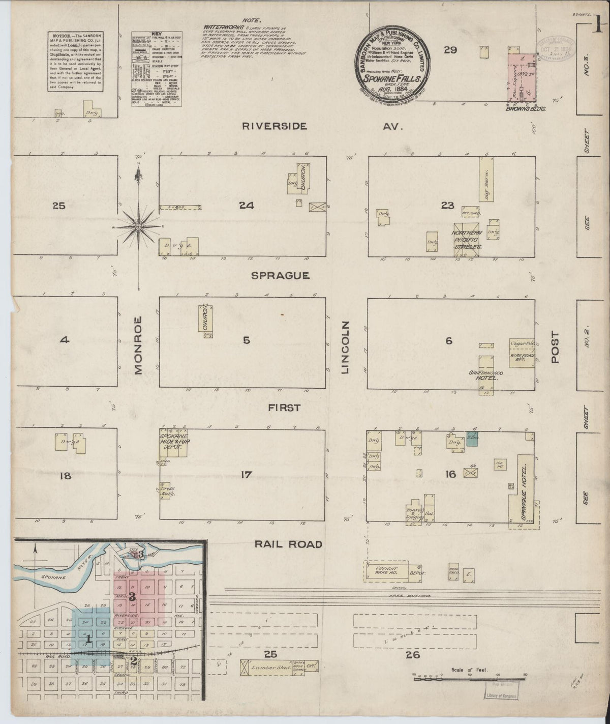 Sanborn Fire Insurance Map from Spokane, Spokane County, Washington (1884), Sheet #0001 - Historic Sanborn Fire Insurance Map Print, vintage old map wall art, antique decor, genealogy gift, Washington Washington map