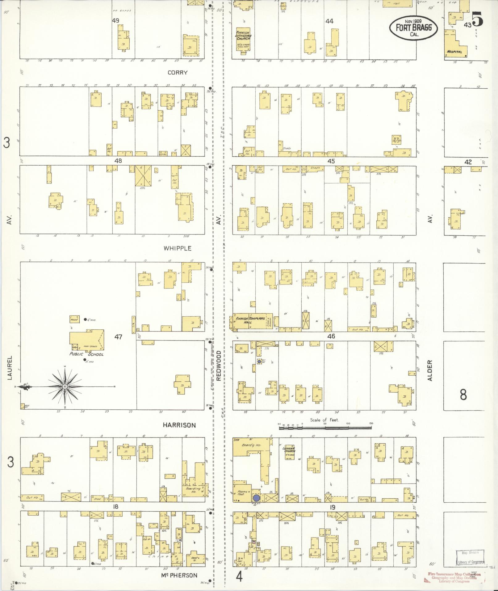 Sanborn Fire Insurance Map from Fort Bragg, Mendocino County, California (1909), Sheet #0005 - Historic Sanborn Fire Insurance Map Print, vintage old map wall art, antique decor, genealogy gift, California California map
