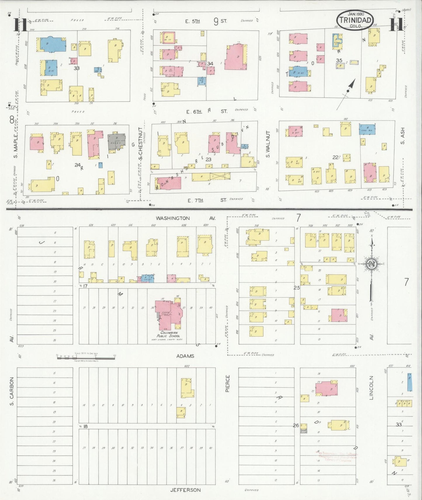 Sanborn Fire Insurance Map from Trinidad, Las Animas County, Colorado (1930), Sheet #0011 - Historic Sanborn Fire Insurance Map Print, vintage old map wall art, antique decor, genealogy gift, Colorado Colorado map