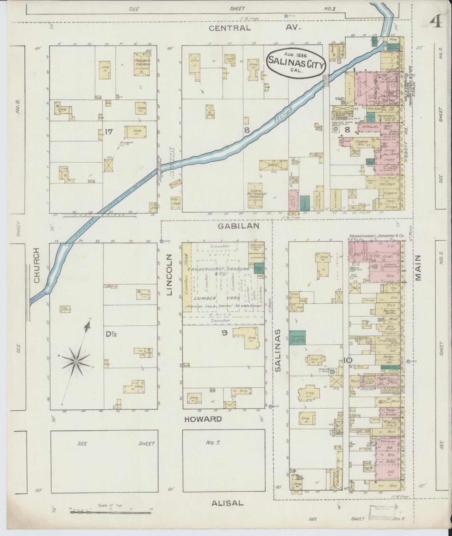 Sanborn Fire Insurance Map from Salinas, Monterey County, California (1886), Sheet #0004 - Complete Map Set gallery image, historic Sanborn map, vintage wall art, California California