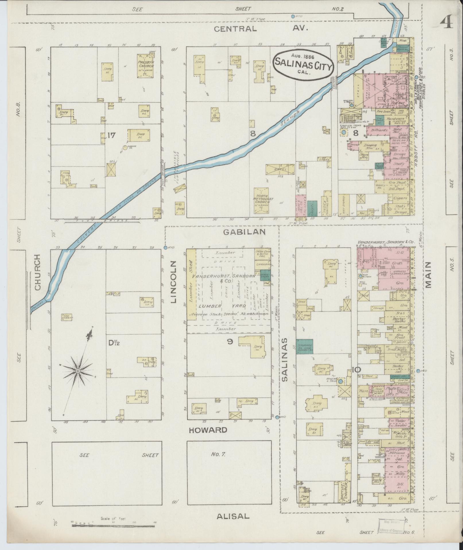 Sanborn Fire Insurance Map from Salinas, Monterey County, California (1886), Sheet #0004 - Complete Map Set gallery image, historic Sanborn map, vintage wall art, California California