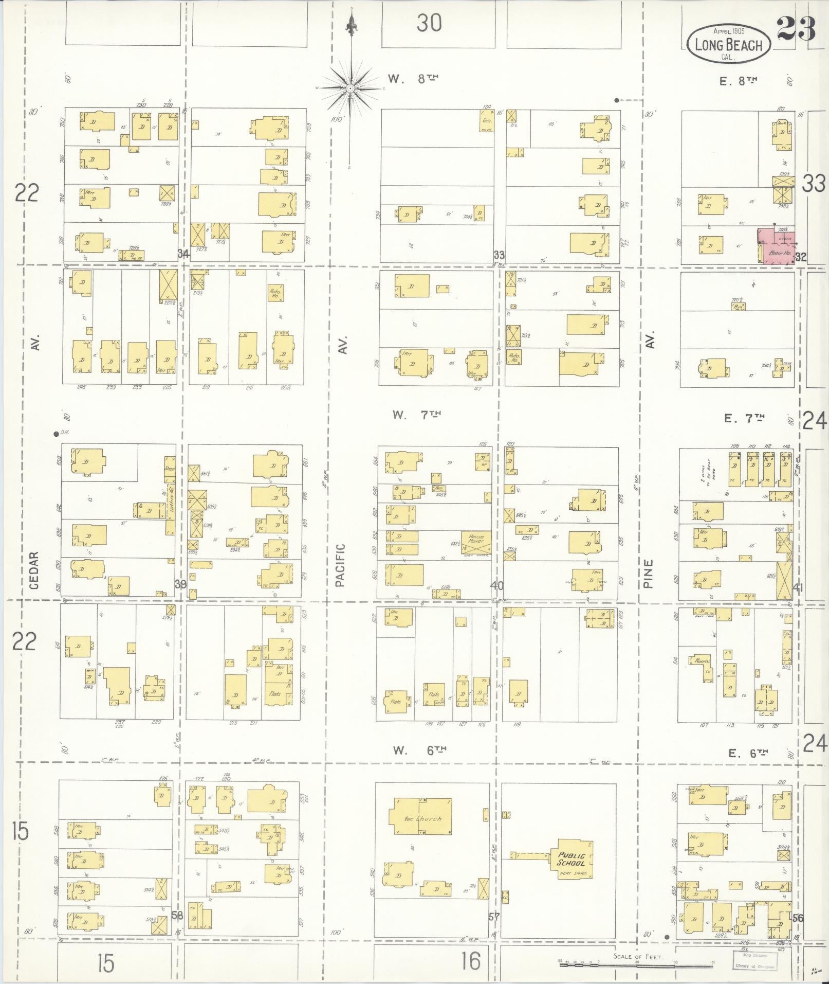 Sanborn Fire Insurance Map from Long Beach, Los Angeles County, California (1905), Sheet #0023 - Complete Map Set gallery image, historic Sanborn map, vintage wall art, California California