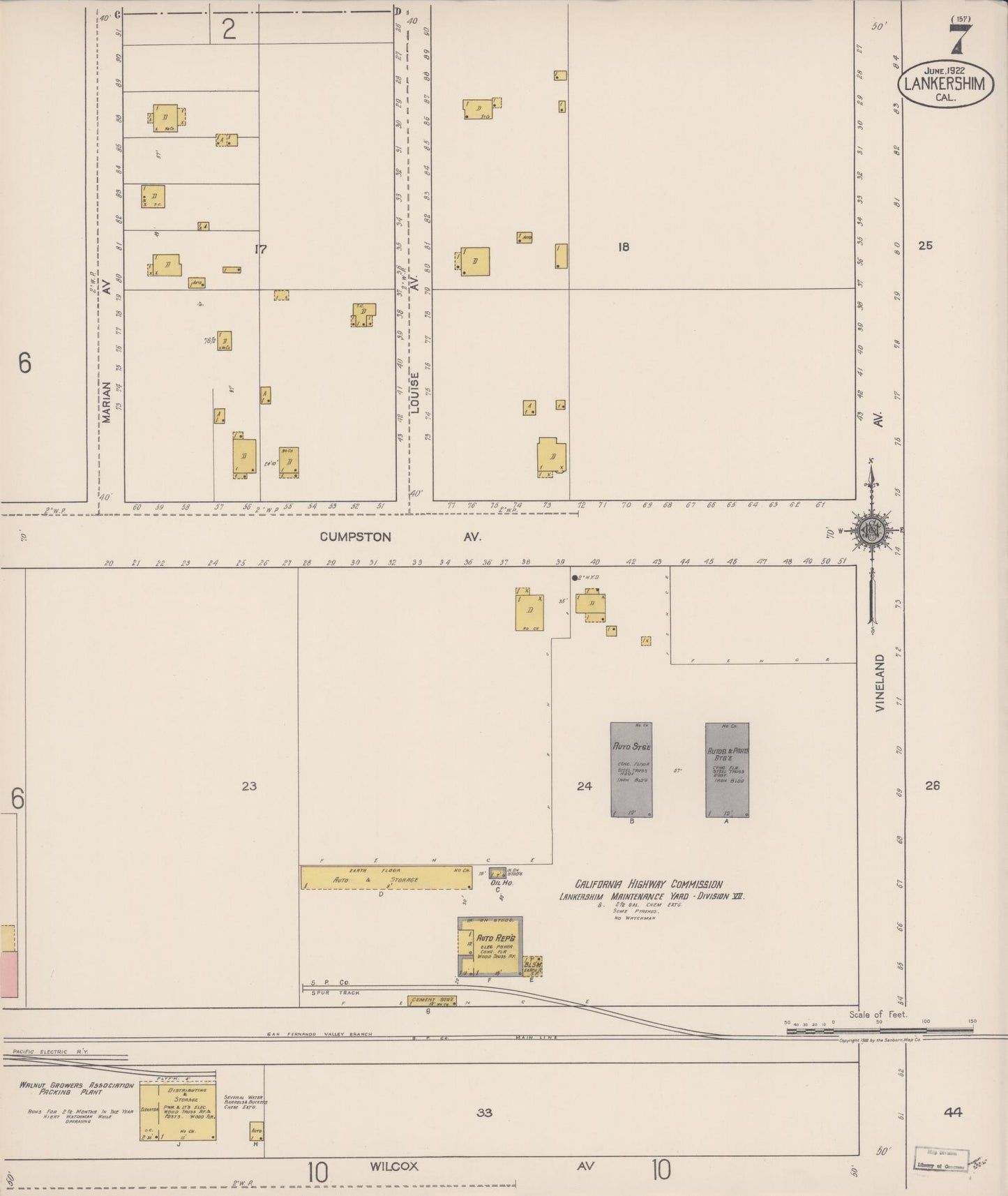 Sanborn Fire Insurance Map from Lankershim, Los Angeles County, California (1922), Sheet #0007 - Historic Sanborn Fire Insurance Map Print, vintage old map wall art, antique decor, genealogy gift, California California map