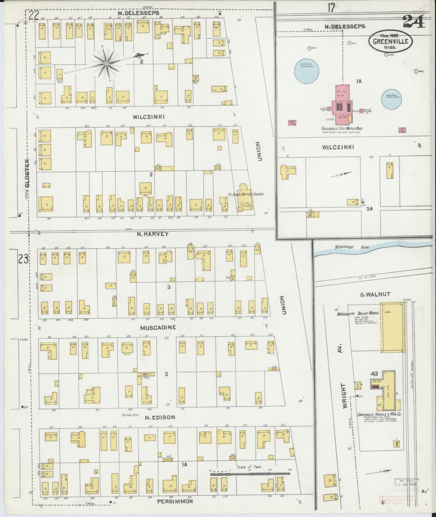 Sanborn Fire Insurance Map from Greenville, Washington County, Mississippi (1905), Sheet #0024 - Historic Sanborn Fire Insurance Map Print, vintage old map wall art, antique decor, genealogy gift, Mississippi Mississippi map
