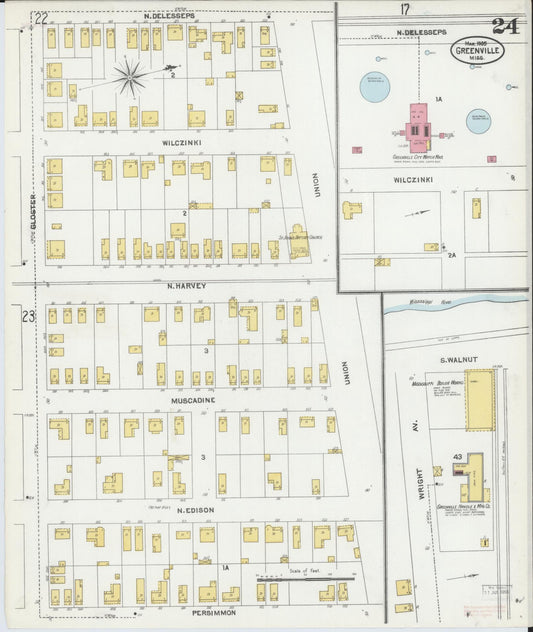 Sanborn Fire Insurance Map from Greenville, Washington County, Mississippi (1905), Sheet #0024 - Historic Sanborn Fire Insurance Map Print, vintage old map wall art, antique decor, genealogy gift, Mississippi Mississippi map