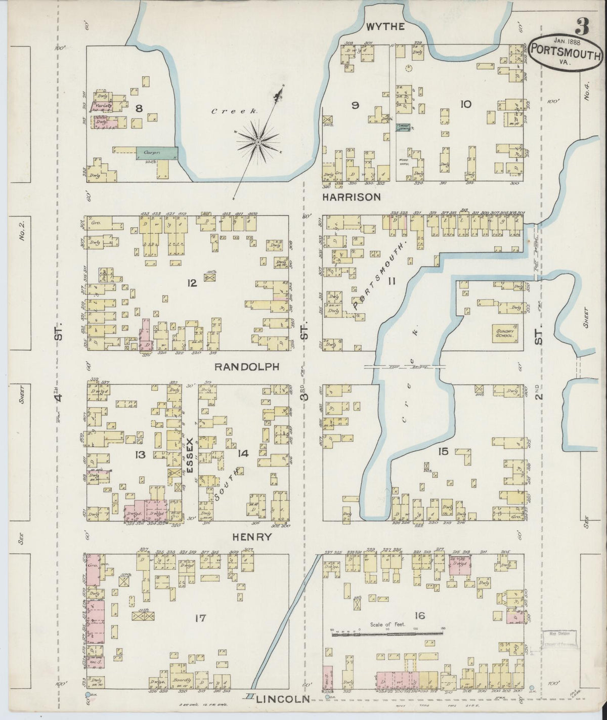 Sanborn Fire Insurance Map from Portsmouth, Independent Cities, Virginia (1888), Sheet #0003 - Historic Sanborn Fire Insurance Map Print, vintage old map wall art, antique decor, genealogy gift, Virginia Virginia map
