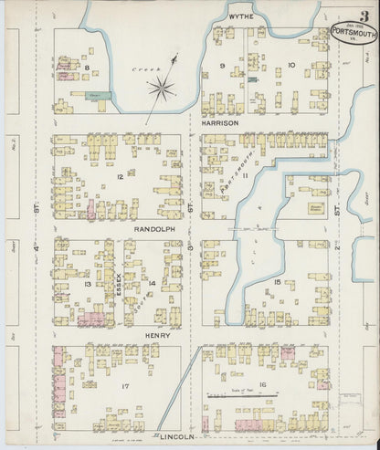 Sanborn Fire Insurance Map from Portsmouth, Independent Cities, Virginia (1888), Sheet #0003 - Historic Sanborn Fire Insurance Map Print, vintage old map wall art, antique decor, genealogy gift, Virginia Virginia map