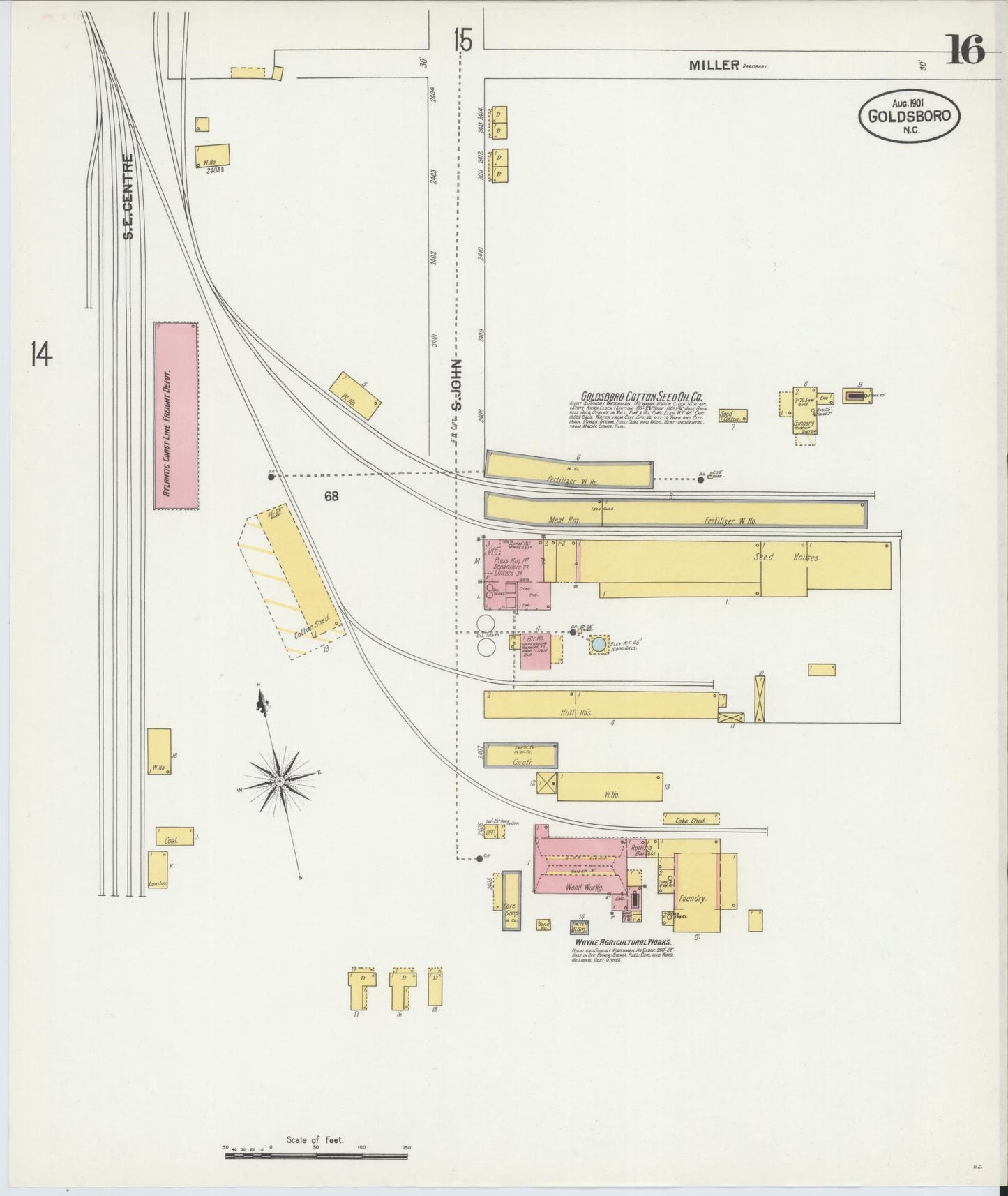 Sanborn Fire Insurance Map from Goldsboro, Wayne County, North Carolina (1901), Sheet #0016 - Historic Sanborn Fire Insurance Map Print, vintage old map wall art, antique decor, genealogy gift, North Carolina North Carolina map