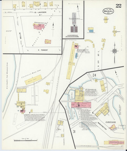 Sanborn Fire Insurance Map from Wausau, Marathon County, Wisconsin (1912), Sheet #0022 - Historic Sanborn Fire Insurance Map Print, vintage old map wall art, antique decor, genealogy gift, Wisconsin Wisconsin map
