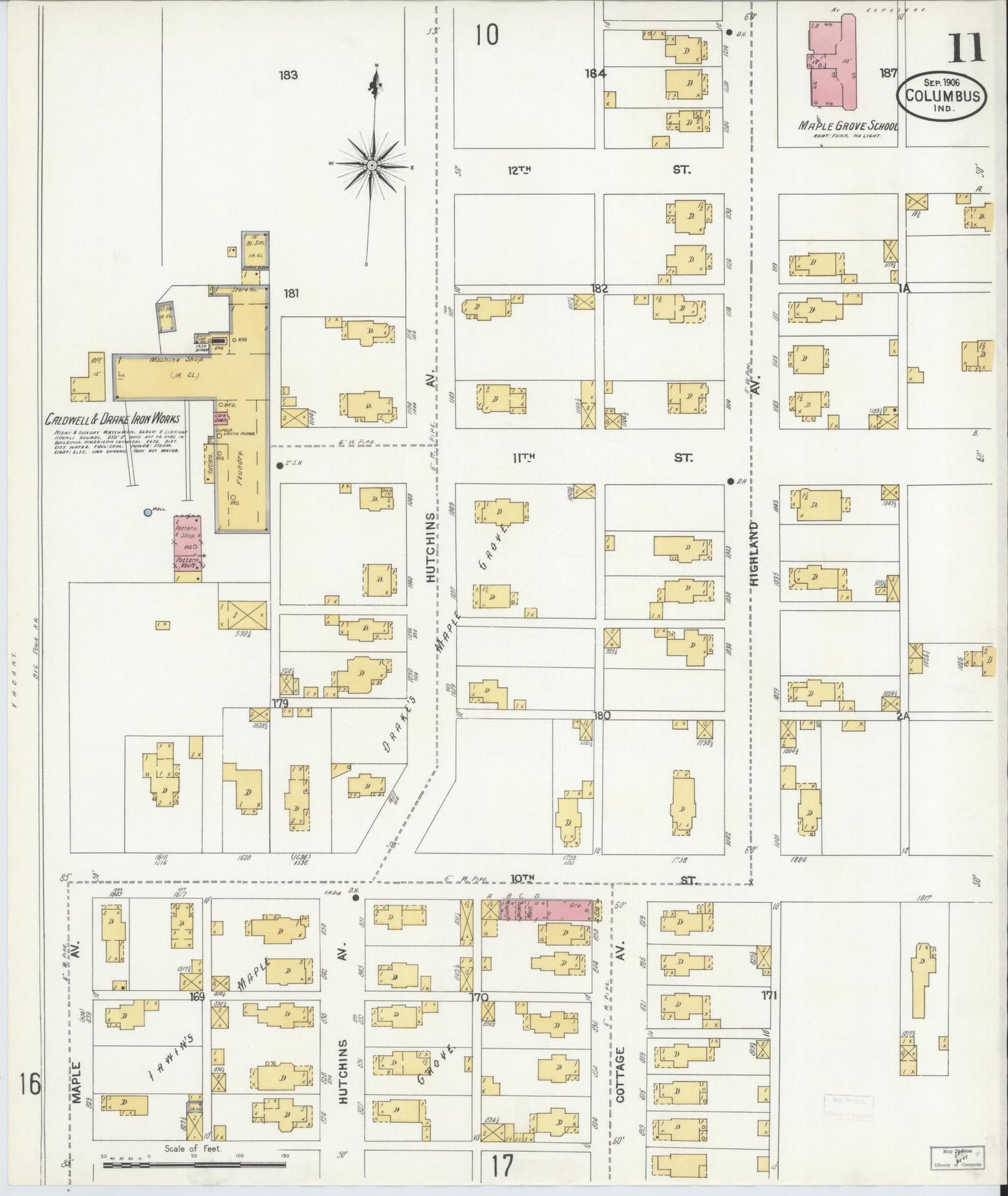 Sanborn Fire Insurance Map from Columbus, Bartholomew County, Indiana (1906), Sheet #0011 - Historic Sanborn Fire Insurance Map Print, vintage old map wall art, antique decor, genealogy gift, Indiana Indiana map