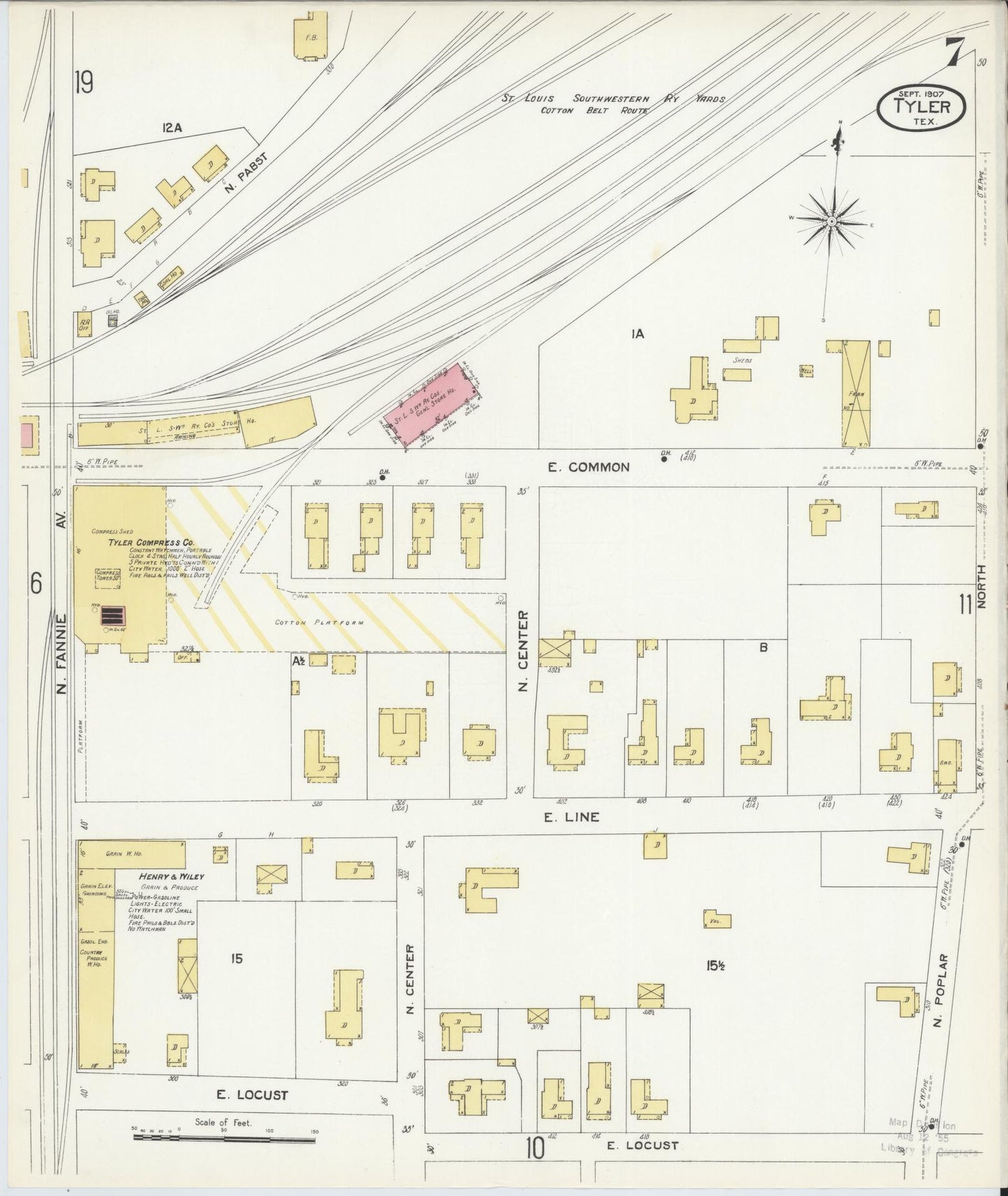 Sanborn Fire Insurance Map from Tyler, Smith County, Texas (1907), Sheet #0007 - Complete Map Set gallery image, historic Sanborn map, vintage wall art, Texas Texas