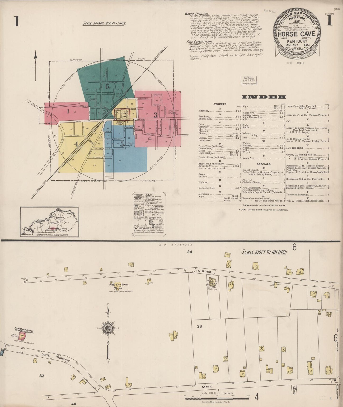 Sanborn Fire Insurance Map from Horse Cave, Hart County, Kentucky (1923), Sheet #0001 - Historic Sanborn Fire Insurance Map Print, vintage old map wall art, antique decor, genealogy gift, Kentucky Kentucky map