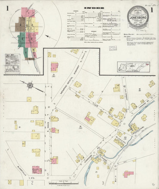 Sanborn Fire Insurance Map from Jonesboro, Washington County, Tennessee (1924), Sheet #0001 - Complete Map Set gallery image, historic Sanborn map, vintage wall art, Tennessee Tennessee