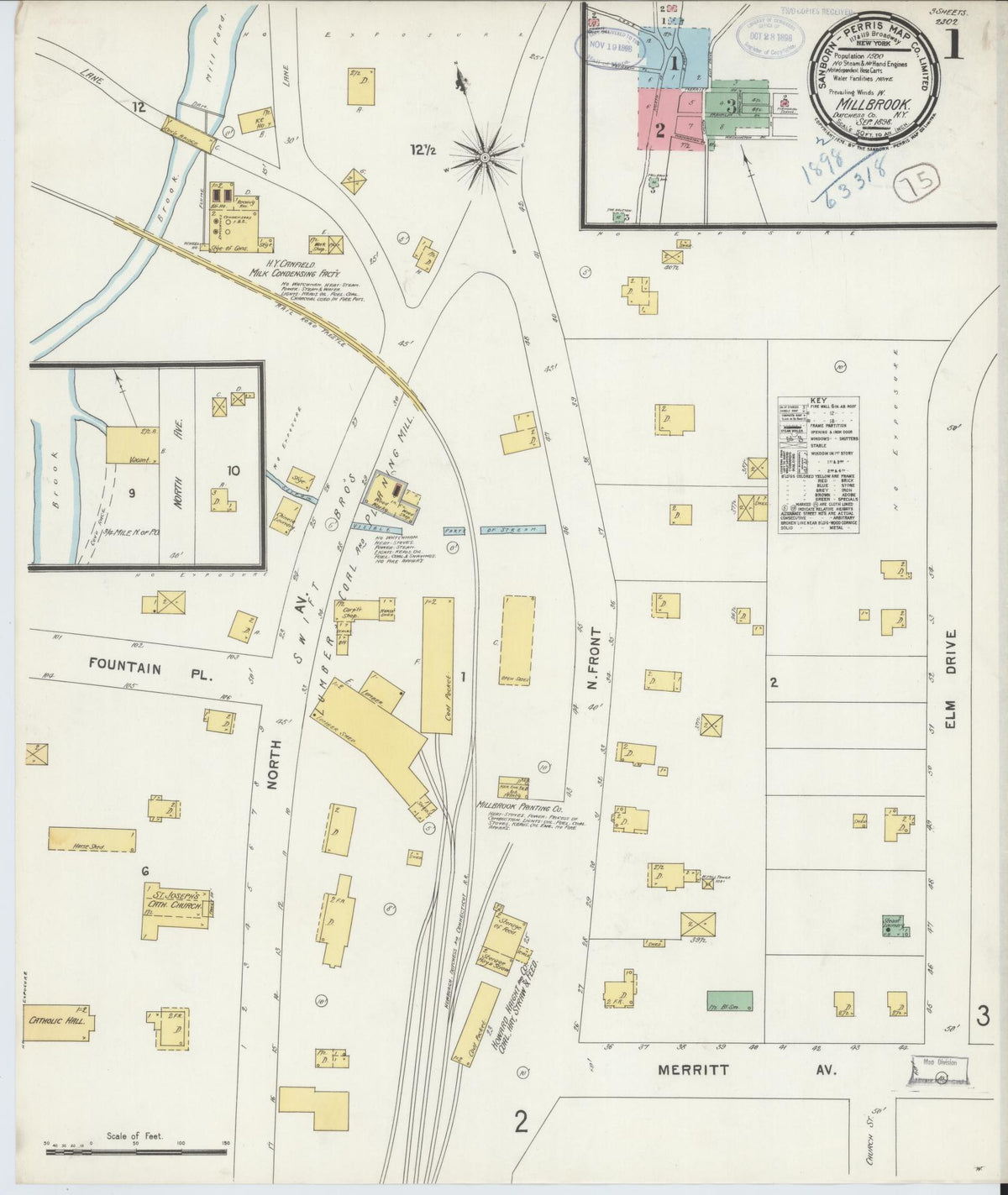 Sanborn Fire Insurance Map from Millbrook, Dutchess County, New York (1898), Sheet #0001 - Historic Sanborn Fire Insurance Map Print, vintage old map wall art, antique decor, genealogy gift, New York New York map