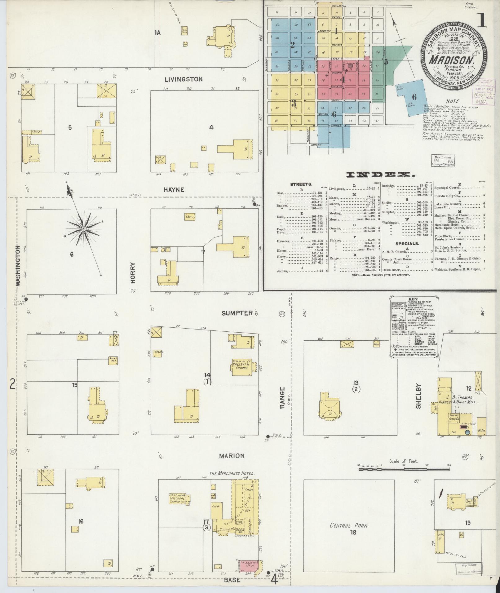 Sanborn Fire Insurance Map from Madison, Madison County, Florida (1903), Sheet #0001 - Complete Map Set gallery image, historic Sanborn map, vintage wall art, Florida Florida