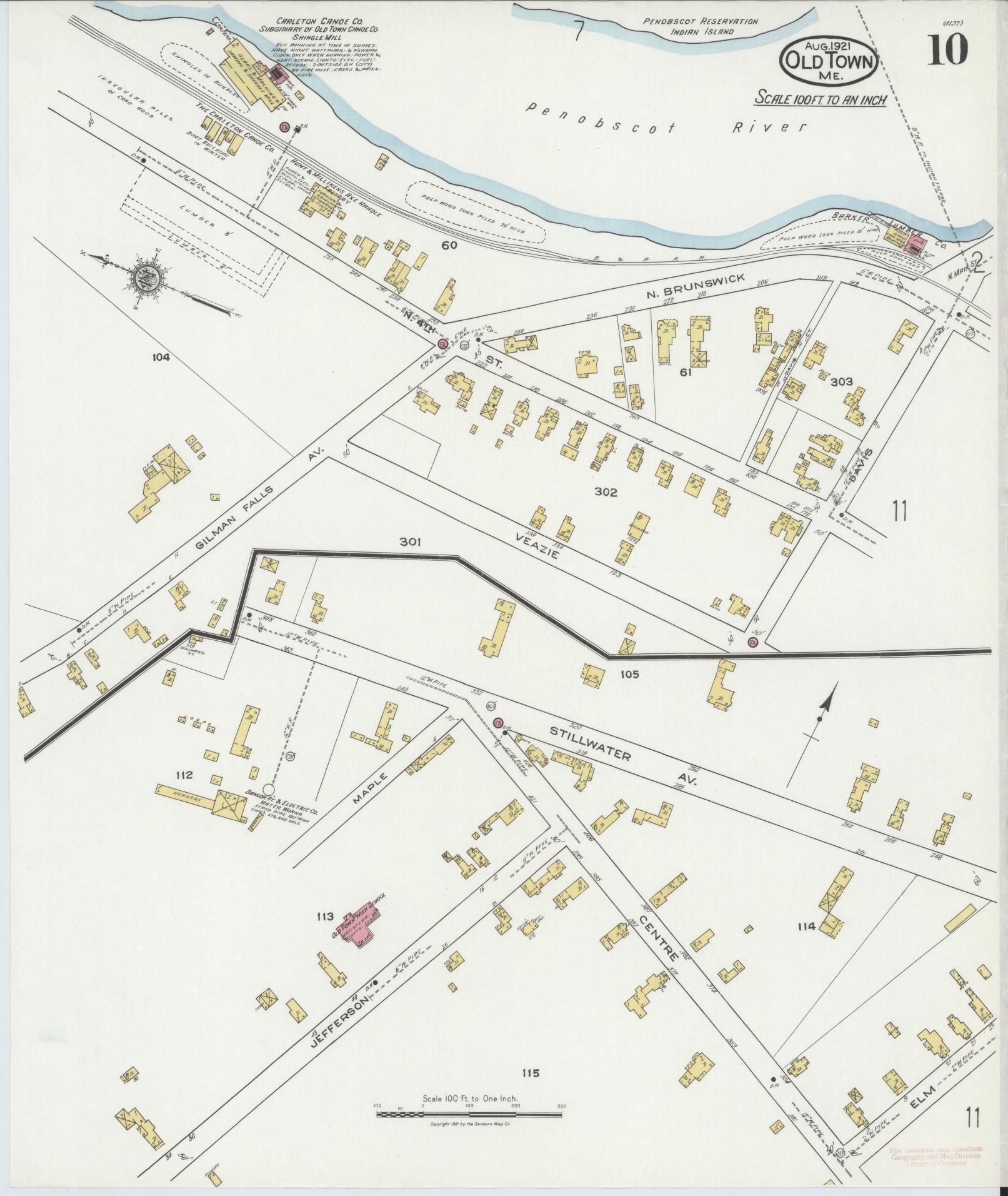 Sanborn Fire Insurance Map from Old Town, Penobscot County, Maine (1921), Sheet #0010 - Complete Map Set gallery image, historic Sanborn map, vintage wall art, Maine Maine