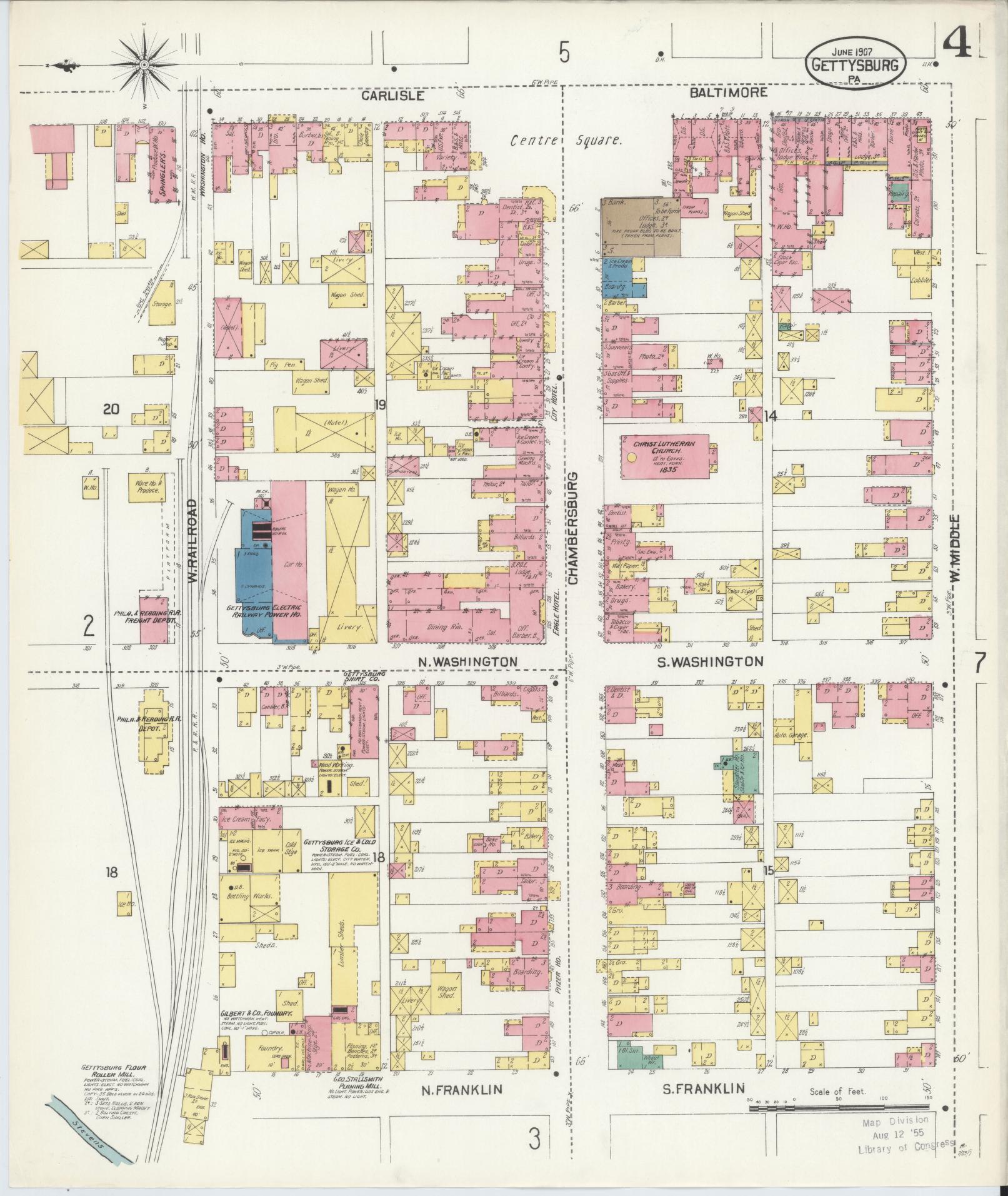 Sanborn Fire Insurance Map from Gettysburg, Adams County, Pennsylvania (1907), Sheet #0004 - Historic Sanborn Fire Insurance Map Print, vintage old map wall art, antique decor, genealogy gift, Pennsylvania Pennsylvania map