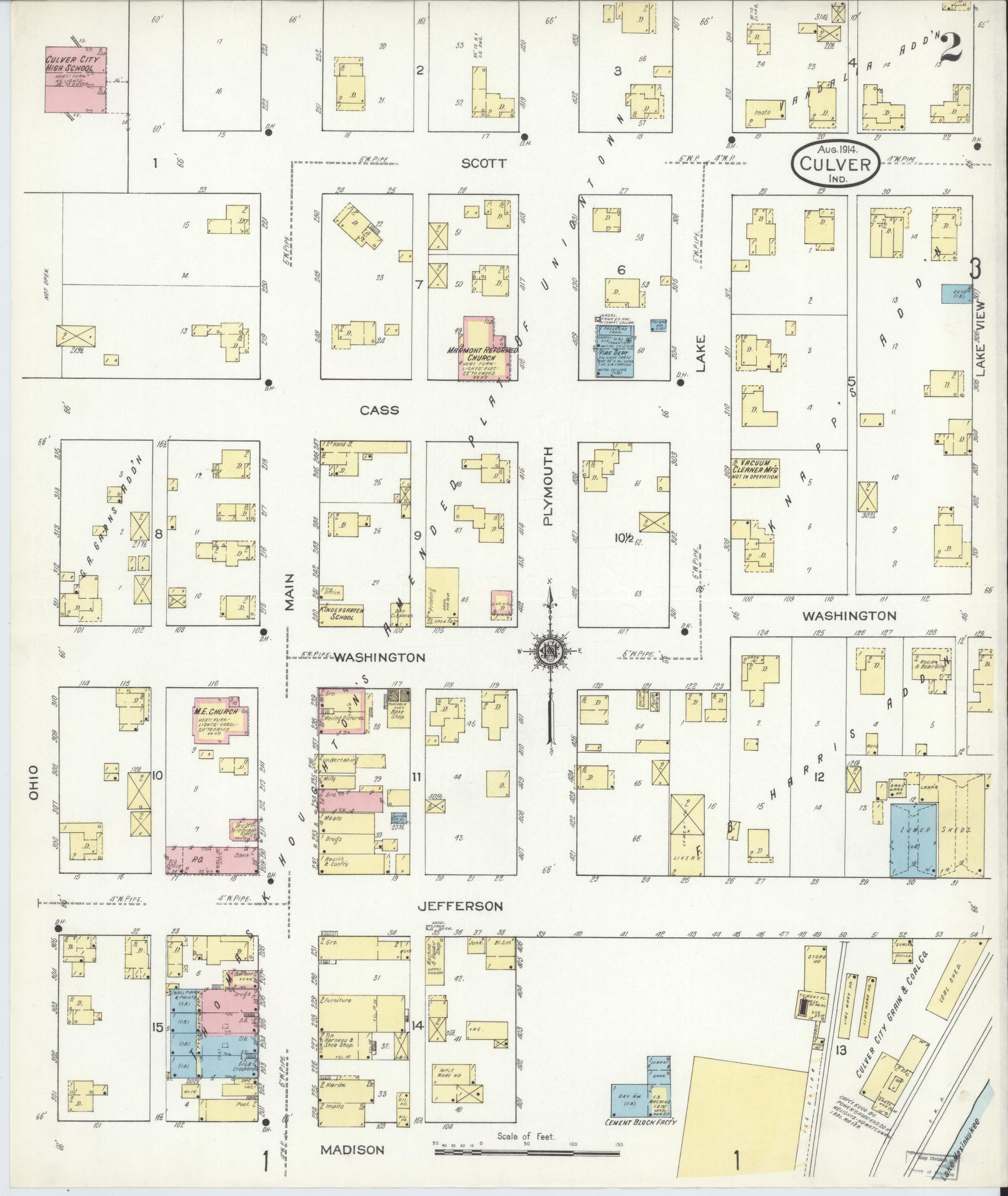 Sanborn Fire Insurance Map from Culver, Marshall County, Indiana (1914), Sheet #0002 - Complete Map Set gallery image, historic Sanborn map, vintage wall art, Indiana Indiana