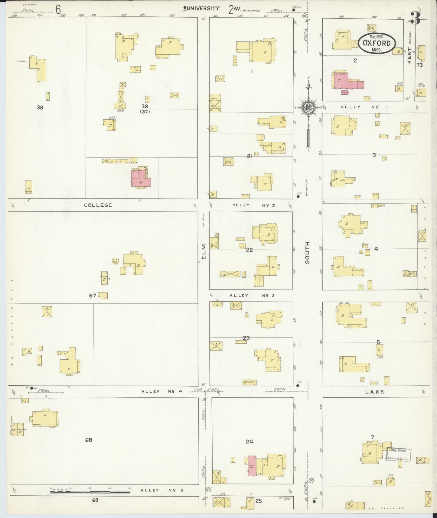 Sanborn Fire Insurance Map from Oxford, Lafayette County, Mississippi (1916), Sheet #0003 - Complete Map Set gallery image, historic Sanborn map, vintage wall art, Mississippi Mississippi