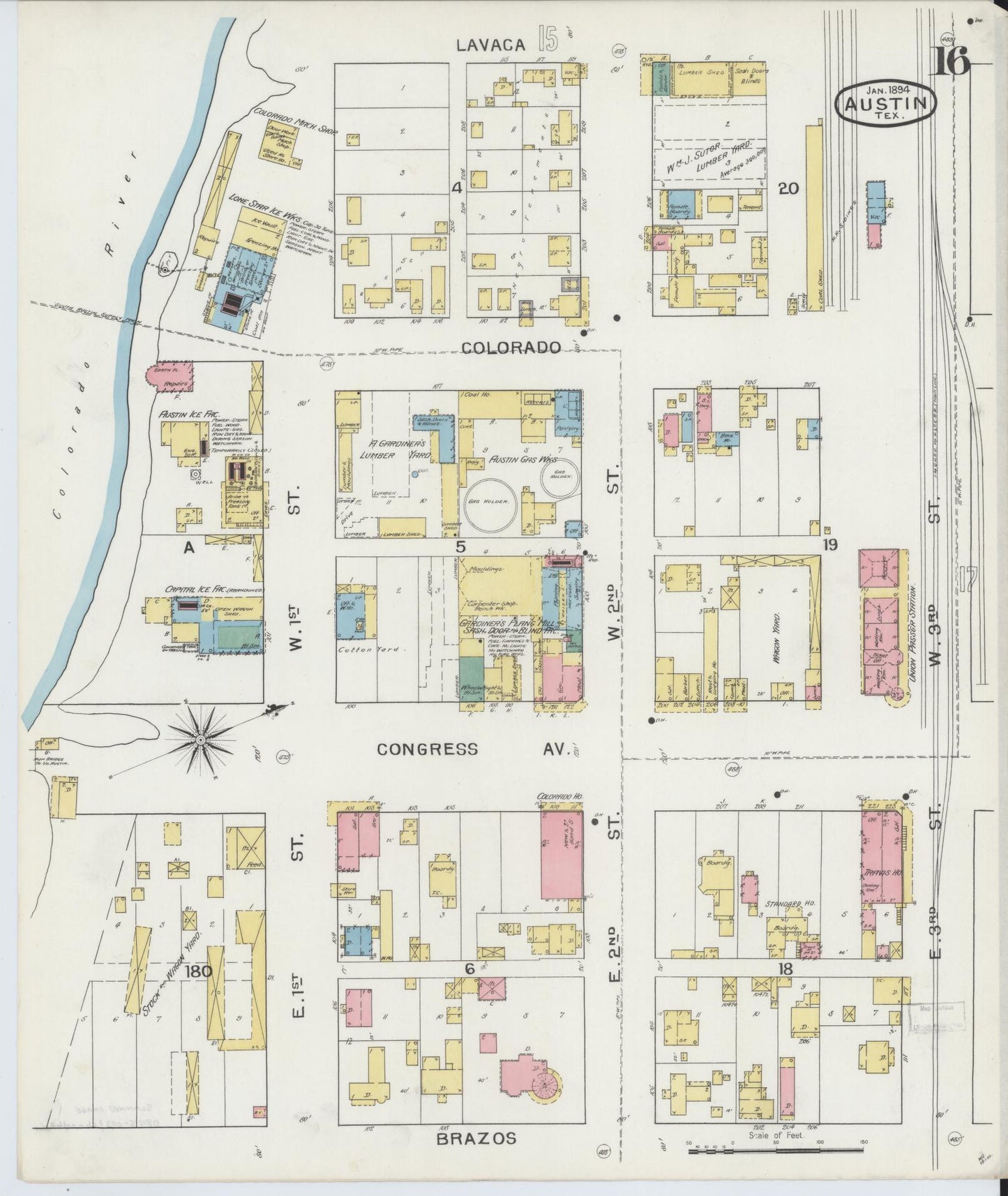Sanborn Fire Insurance Map from Austin, Travis County, Texas (1894), Sheet #0016 - Historic Sanborn Fire Insurance Map Print, vintage old map wall art, antique decor, genealogy gift, Texas Texas map