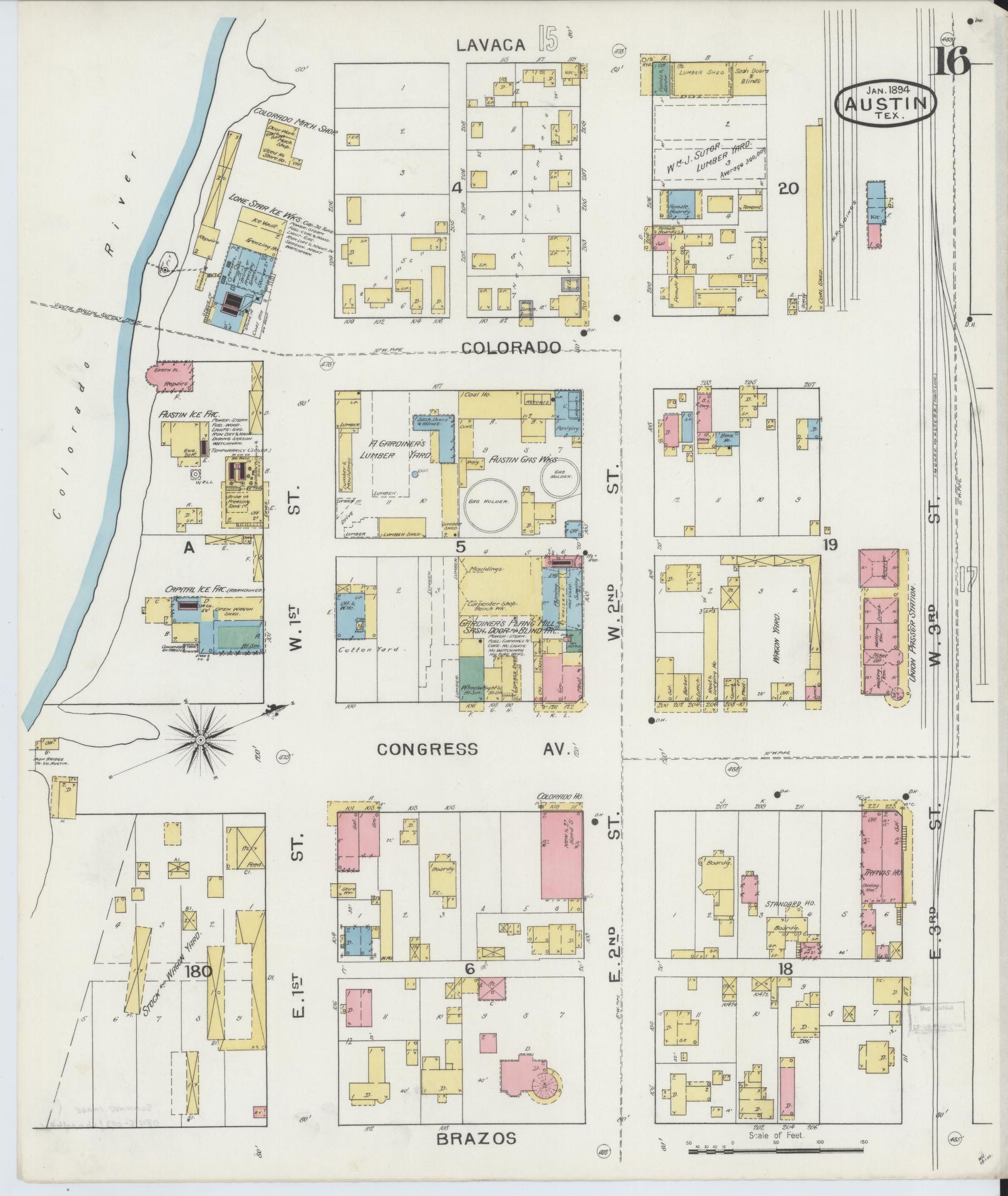 Sanborn Fire Insurance Map from Austin, Travis County, Texas (1894), Sheet #0016 - Historic Sanborn Fire Insurance Map Print, vintage old map wall art, antique decor, genealogy gift, Texas Texas map