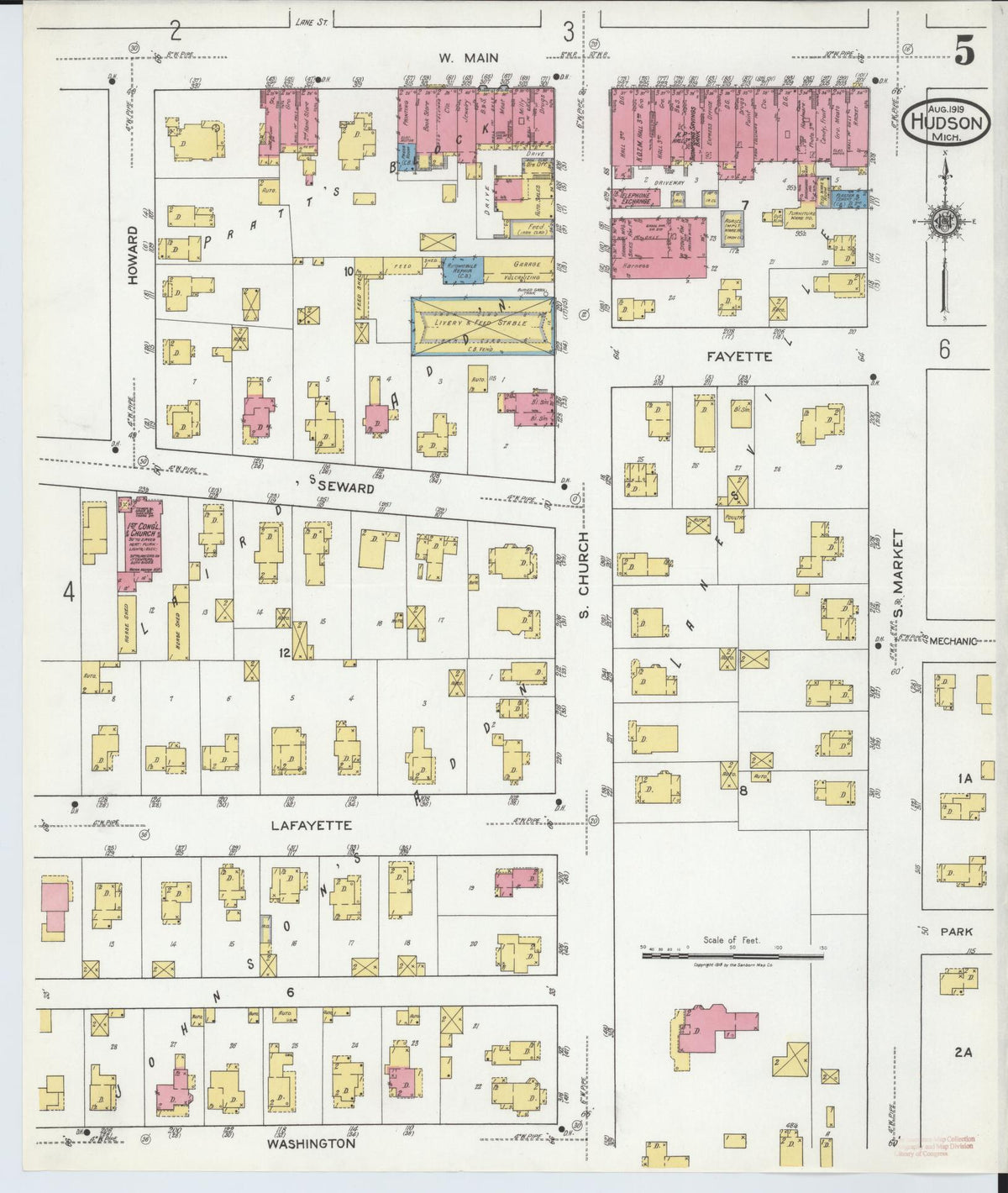 Sanborn Fire Insurance Map from Hudson, Lenawee County, Michigan (1919), Sheet #0005 - Historic Sanborn Fire Insurance Map Print, vintage old map wall art, antique decor, genealogy gift, Michigan Michigan map