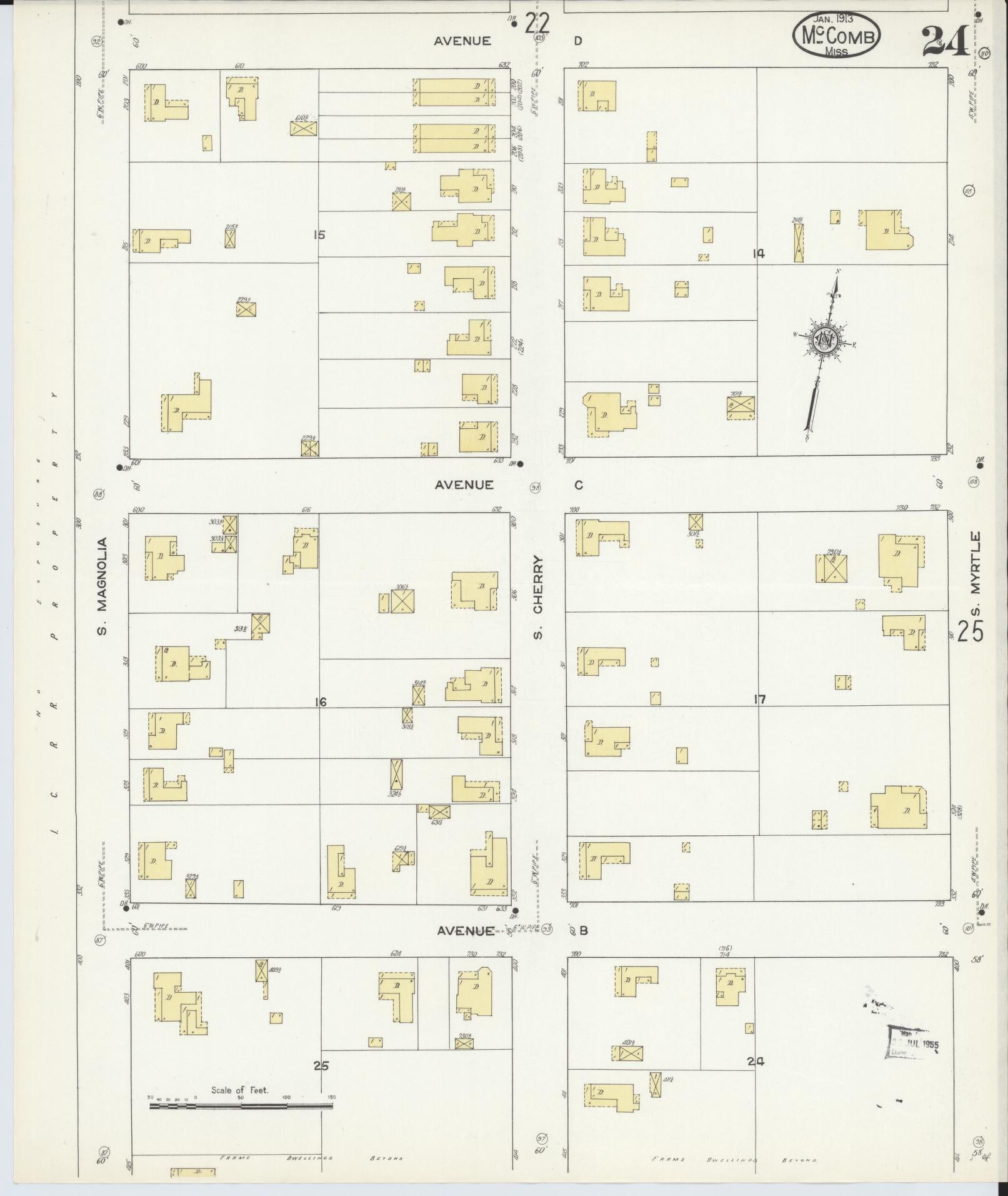 Sanborn Fire Insurance Map from McComb, Pike County, Mississippi (1913), Sheet #0024 - Historic Sanborn Fire Insurance Map Print, vintage old map wall art, antique decor, genealogy gift, Mississippi Mississippi map