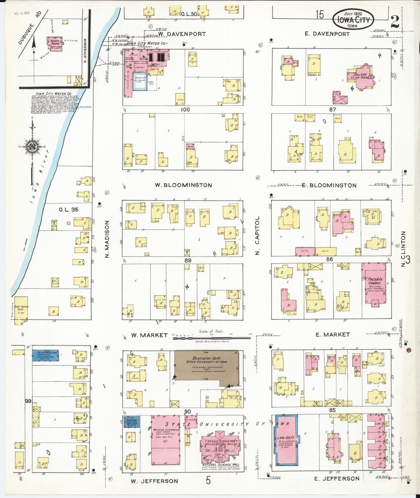 Sanborn Fire Insurance Map from Iowa City, Johnson County, Iowa (1920), Sheet #0002 - Historic Sanborn Fire Insurance Map Print, vintage old map wall art