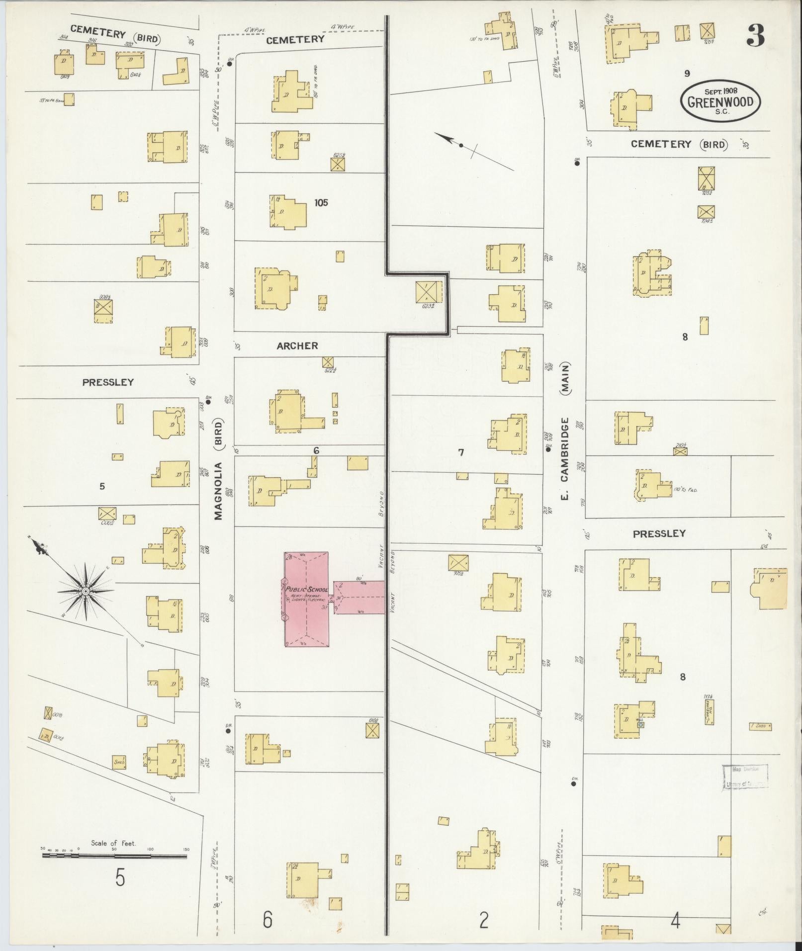 Sanborn Fire Insurance Map from Greenwood, Greenwood County, South Carolina (1908), Sheet #0003 - Complete Map Set gallery image, historic Sanborn map, vintage wall art, South Carolina South Carolina