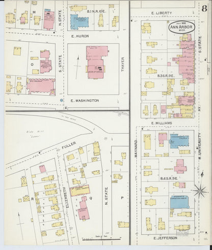 Sanborn Fire Insurance Map from Ann Arbor, Washtenaw County, Michigan (1892), Sheet #0008 - Complete Map Set gallery image, historic Sanborn map, vintage wall art, Michigan Michigan