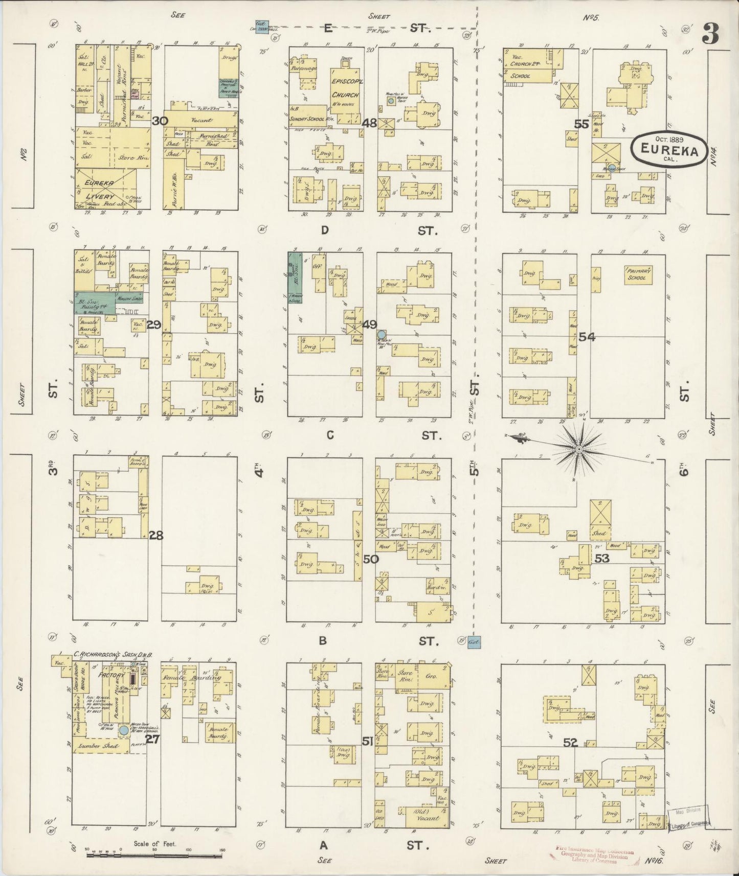 Sanborn Fire Insurance Map from Eureka, Humboldt County, California (1889), Sheet #0003 - Historic Sanborn Fire Insurance Map Print, vintage old map wall art, antique decor, genealogy gift, California California map