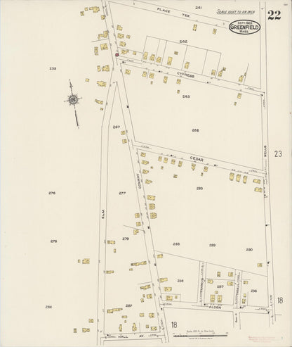Sanborn Fire Insurance Map from Greenfield, Franklin County, Massachusetts (1922), Sheet #0022 - Historic Sanborn Fire Insurance Map Print, vintage old map wall art, antique decor, genealogy gift, Massachusetts Massachusetts map