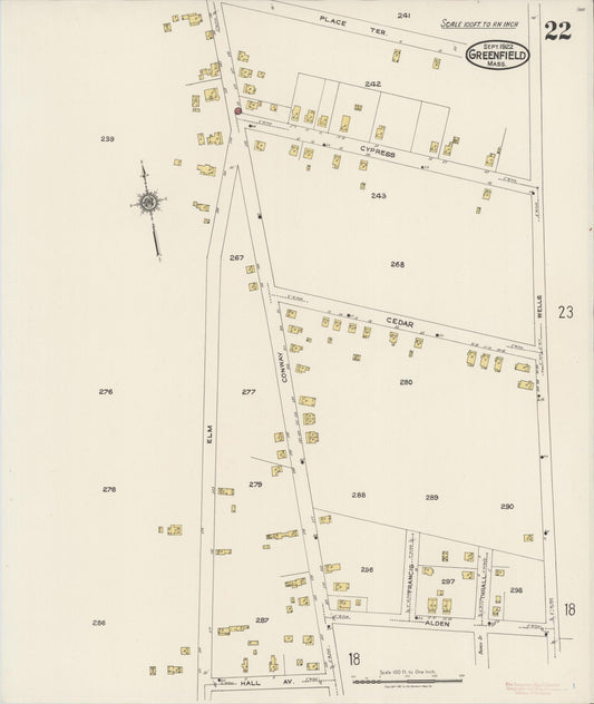 Sanborn Fire Insurance Map from Greenfield, Franklin County, Massachusetts (1922), Sheet #0022 - Historic Sanborn Fire Insurance Map Print, vintage old map wall art, antique decor, genealogy gift, Massachusetts Massachusetts map