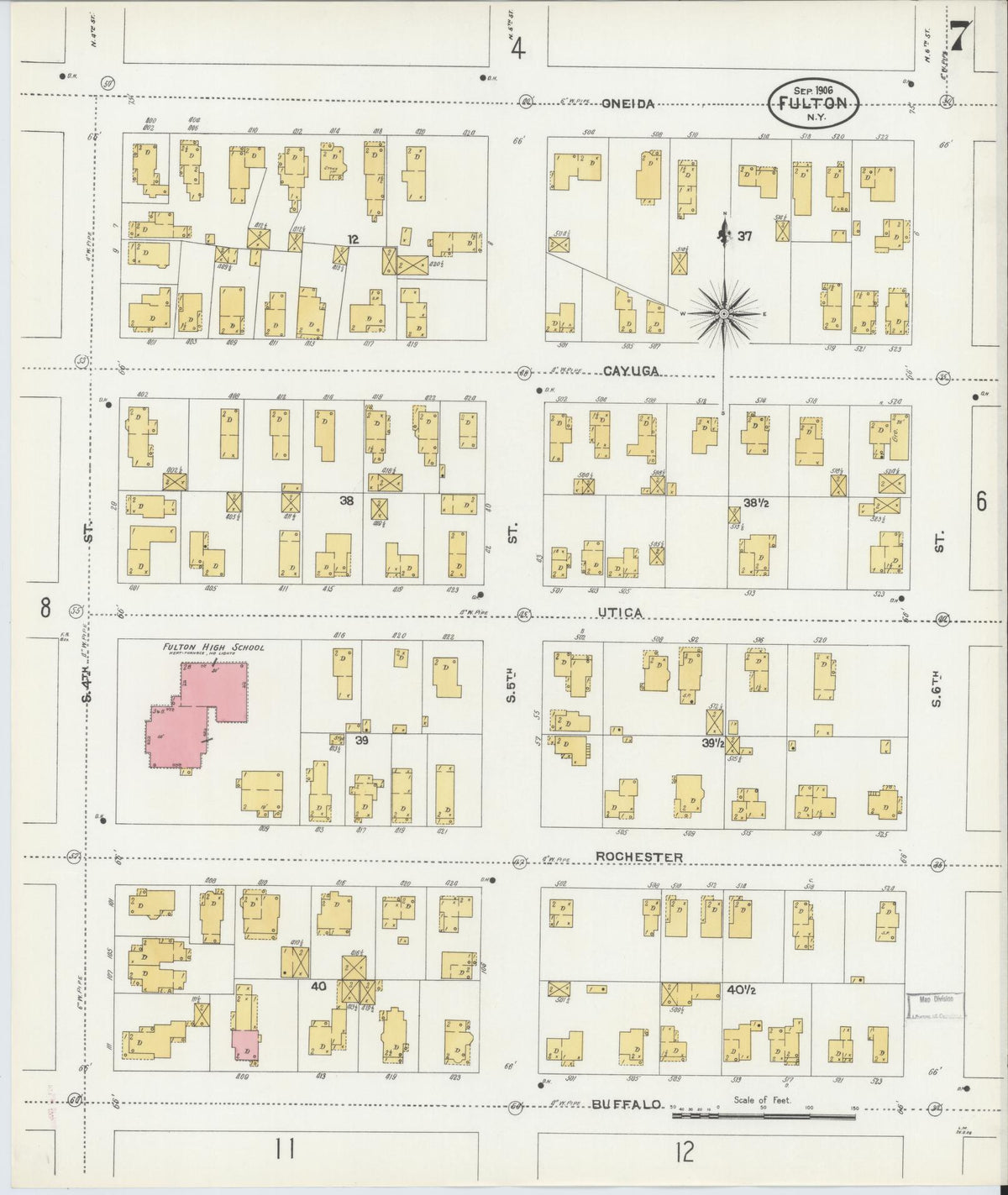 Sanborn Fire Insurance Map from Fulton, Oswego County, New York (1906), Sheet #0007 - Historic Sanborn Fire Insurance Map Print, vintage old map wall art, antique decor, genealogy gift, New York New York map
