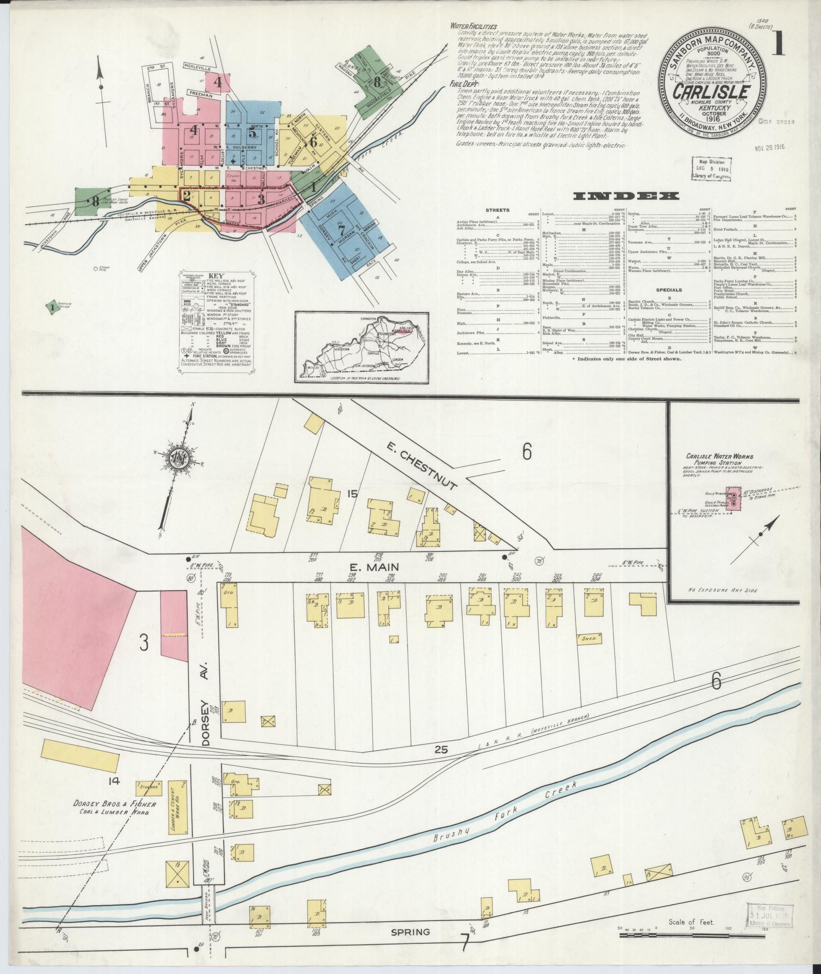 Sanborn Fire Insurance Map from Carlisle, Nicholas County, Kentucky (1916), Sheet #0001 - Historic Sanborn Fire Insurance Map Print, vintage old map wall art, antique decor, genealogy gift, Kentucky Kentucky map